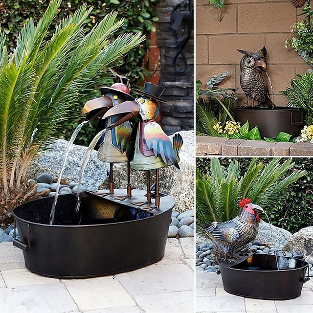  decoração de arte de quintal de fonte, decoração de artesanato de resina decoração de jardim coruja grande galo tucano fonte de corvo de água corrente