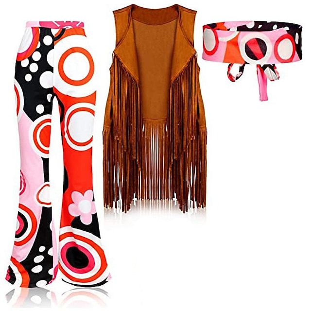  Retrò Vintage Anni '60 Hippie Pantaloni Fascia Gilet in camoscio Senza maniche Hippie Geometrico Per donna Halloween Carnevale Mascherata Festa & Sera Parata dell'Orgoglio Mese dell'orgoglio Adulti