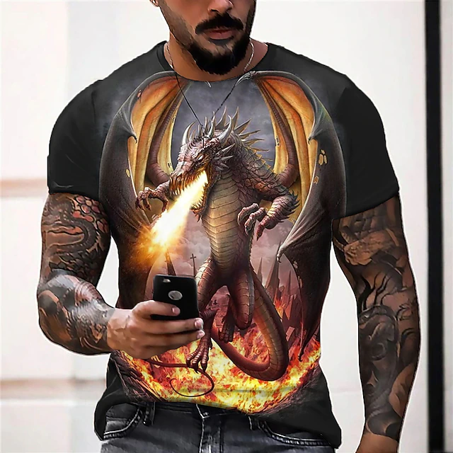 Men's Graphic Animal Dragon T Shirt Short Sleeve T shirt 3D Print Crew Neck Shirt Vintage Fashion Designer Outdoor Daily Sports Light Yellow Dark Yellow Black Spring & Summer Clothing Apparel S M L 11