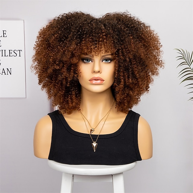  court bouclés afro perruques avec une frange pour les femmes noires brun afro crépus bouclés perruques pour les femmes noires synthétique résistant à la chaleur moelleux brun perruques halloween