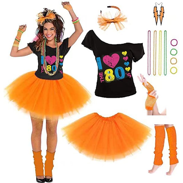 80s Party Girl T-shirt  Skirt Costume Full Set 1980s Dance Fancy Dress - Foto 4