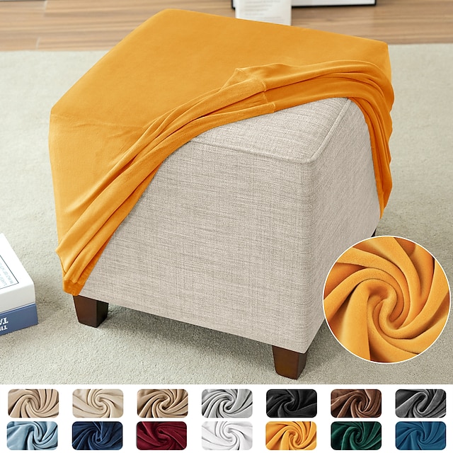  Stretch Ottoman Cover Velvet Square Ottoman Slipcovers Rectangular Foldable Storage Stool Cover Bench Cover Furniture Protector Soft Slipcover with Elastic Bottom