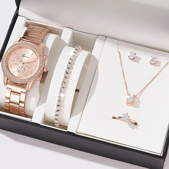  Damen-Quarzuhr, 5-in-1-Luxus-Bling-Strass-Armbanduhr mit Armband-Set, Chronograph-Dekoration, Edelstahl-Armbanduhr