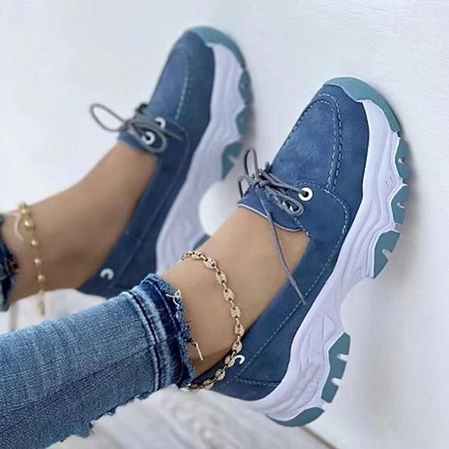  Women's Blue Suede Casual Sneakers - Comfortable Lace-Up Walking Shoes with Chunky Sole for Everyday Wear
