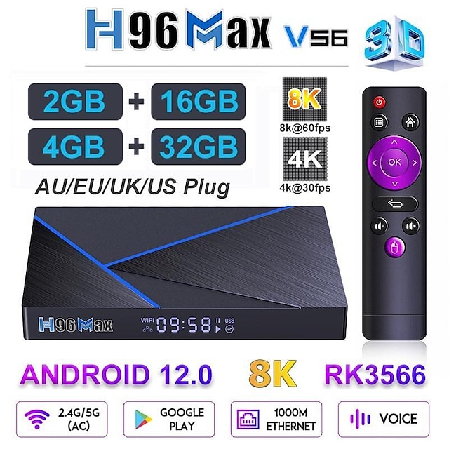  Smart TV Box для android 12 h96 max v56 8k 2.4g 5g wifi rockchip rk3566 1000m ethernet телеприставка ТВ-бокс