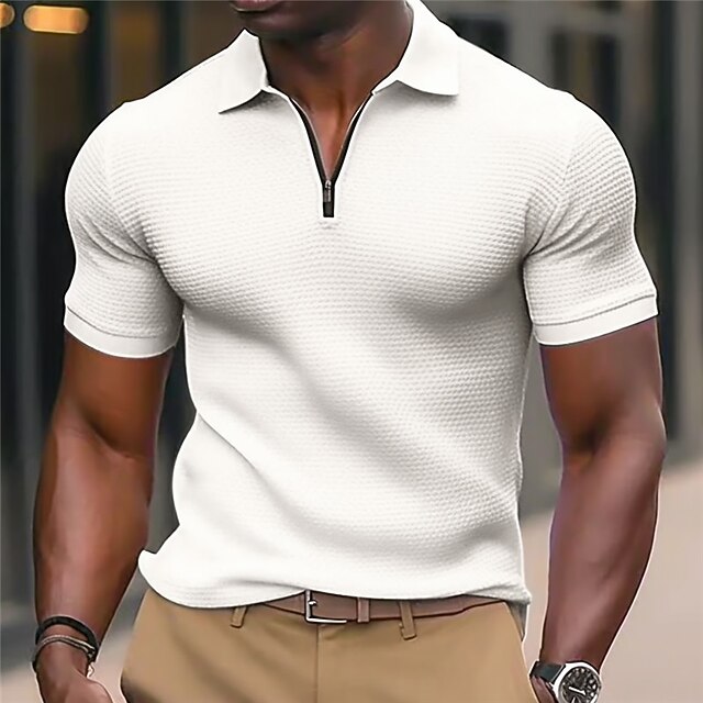 Men's Waffle Polo Shirt Zip Polo Outdoor Sports Lapel Quarter Zip Short Sleeve Fashion Modern Plain Zipper Summer Regular Fit White Waffle Polo Shirt2