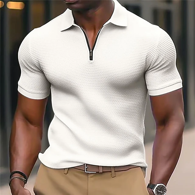 Men's Waffle Polo Shirt Zip Polo Outdoor Sports Lapel Quarter Zip Short Sleeve Fashion Modern Plain Zipper Summer Regular Fit White Waffle Polo Shirt2