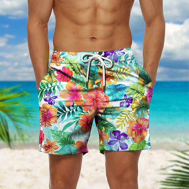 Men's Graphic Prints Flower / Floral Swim Trunks Swim Shorts Board Shorts Mid Waist Hawaiian Boho Casual Daily Holiday Drawstring with Mesh lining Elastic Waist Designer Clothing Apparel4