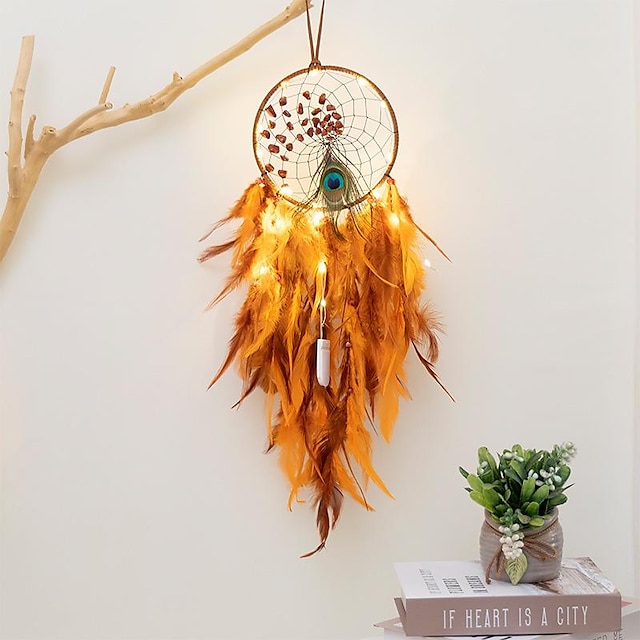  orange drømmefanger håndlavet gave med fjer vægophæng dekorationskunst vindspil boho stil hjemmevedhæng 16x50 cm / 6,3''x19,69''