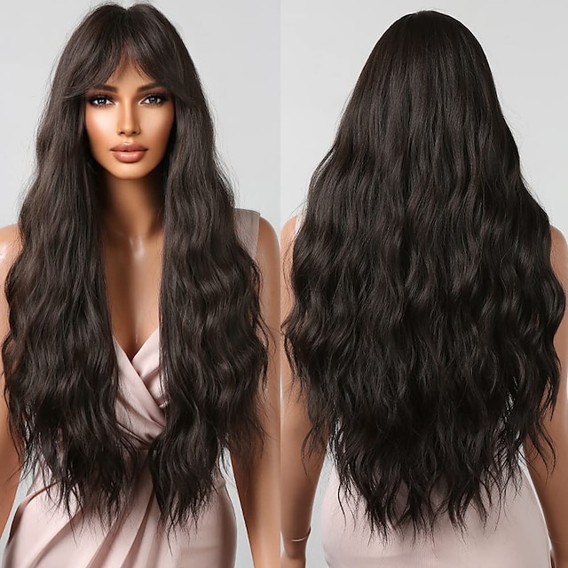  шоколадно-коричневые парики для женщин, косплей, длинные вьющиеся парики с челкой, натуральные волнистые вечерние синтетические волосы