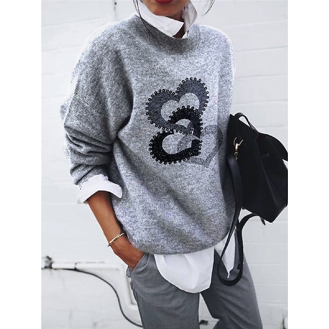  Women's Pullover Sweater Jumper Jumper Ribbed Knit Print Shirt Collar Animal Daily Weekend Casual Soft Drop Shoulder Fall Winter Black Light Grey S M L