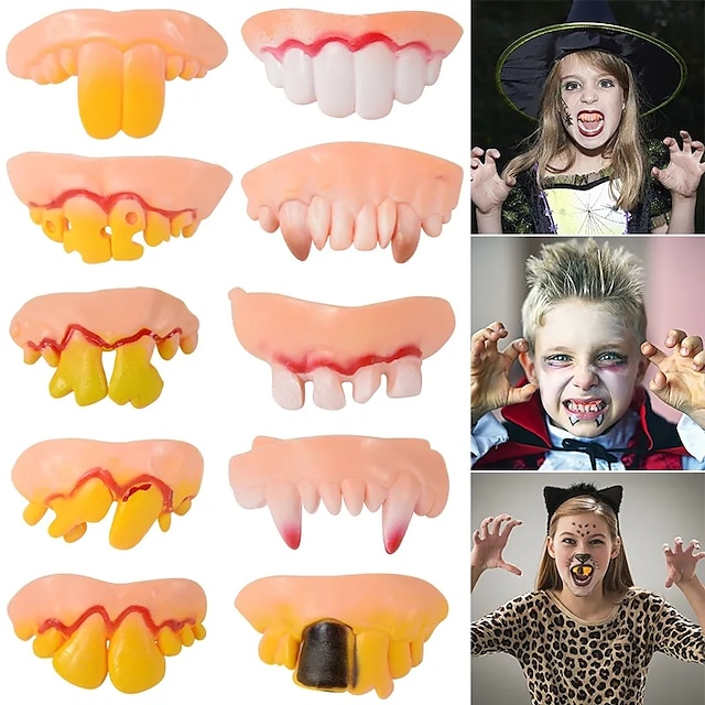 10db/készlet halloween dekoráció szimuláció fogak tréfa játékok halloween cosplay kellék vámpír zombi ördög fogsor fogsor rothadt műfog