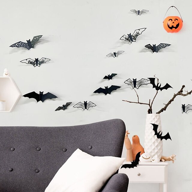  12 stks/set halloween vleermuis muurstickers 3d holle vleermuis stickers amazon vakantie feestdecoratie muurstickers