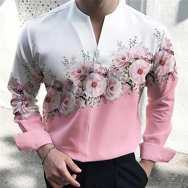 Men's Floral Shirt Button Up Shirt Long Sleeve Fashion Streetwear Designer Outdoor Casual Daily Summer Fall V Neck Print Yellow Pink Blue Purple Gray4