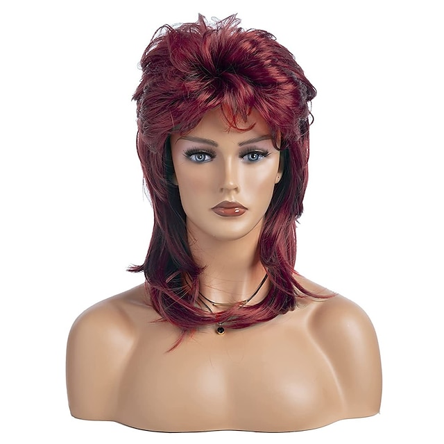  Pelucas de salmonete para mujeres vino rojo largo en capas 70s 80s peluca de pelo rocker peluca sintética cosplay de halloween