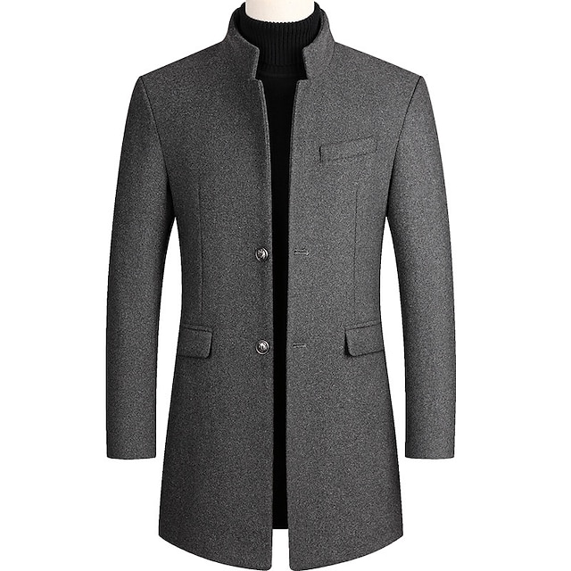  Men's Winter Coat Wool Coat Overcoat Business Daily Wear Winter Wool Thermal Warm Outdoor Outerwear Clothing Apparel Fashion Warm Ups Solid Colored Pocket Standing Collar Single Breasted Two-button