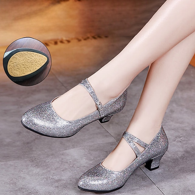  Women's Latin Shoes Party Glitter Crystal Sequined Jeweled Plus Size Fashion High Heel Pointed Toe Loafer Teenager Adults' Silver Black Gold