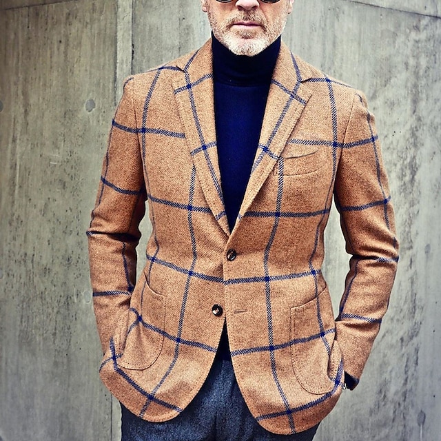  Herr Kavajjacka Företag Kvällsfest Dagliga kläder Ficka Höst Vinter Polyester Rutig Artistisk Stil Varm Enkelknäppt med Två Knapphål Blazer Svart Brun Grön