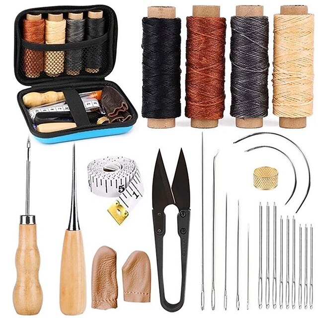  kits de costura de reparación de cuero, herramientas de trabajo de cuero con hilo encerado profesional, agujas de coser a mano de ojo grande, punzón versátil, kit de costura resistente para automóviles, tapicería, vinilo, lienzo, artesanía