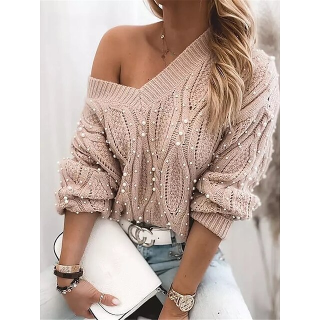  Women's Pullover Sweater Jumper Jumper Cable Knit Beads V Neck Solid Color Daily Going out Stylish Casual Fall Winter Pink Beige S M L
