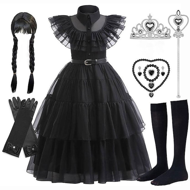  Miércoles Addams familia addams miércoles Vestidos Baile de Máscaras Chica Cosplay de película Cosplay Negro Víspera de Todos los Santos Carnaval Mascarada Vestido Calcetines Pelucas