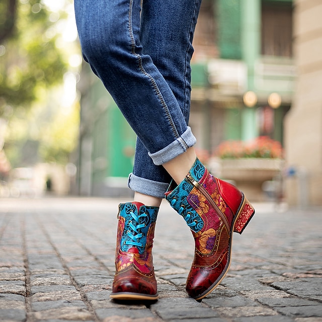 Women's Retro Premium Leather Floral Lace-Up Ankle Boots with Zipper, Colorful Patchwork Design ...