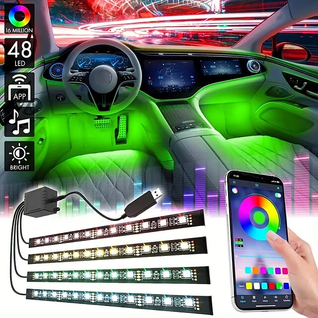  4-in-1 Colorful Car LED Atmosphere Strip Light USB Interior Car Lights With Smart App Control Multicolor Music Car Strip Light Under Dash Lighting Kit