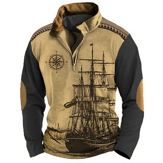  Sailboat And Compass Mens Graphic Hoodie Ship Prints Daily Classic Casual 3D Sweatshirt Zip Pullover Holiday Going Out Streetwear Sweatshirts Light Brown Black Greek Key Fashion Grey Cotton