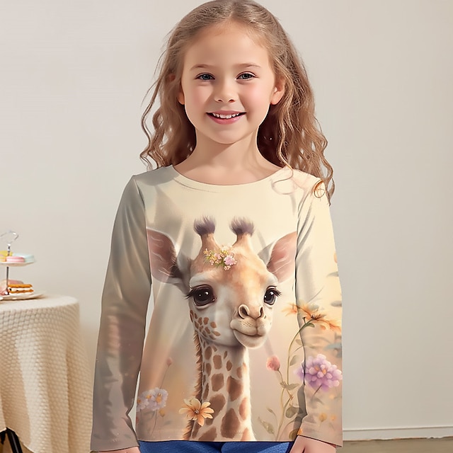  Girls' 3D Graphic Animal Giraffe T shirt Tee Long Sleeve 3D Print Summer Fall Active Fashion Cute Polyester Kids 3-12 Years Outdoor Casual Daily Regular Fit