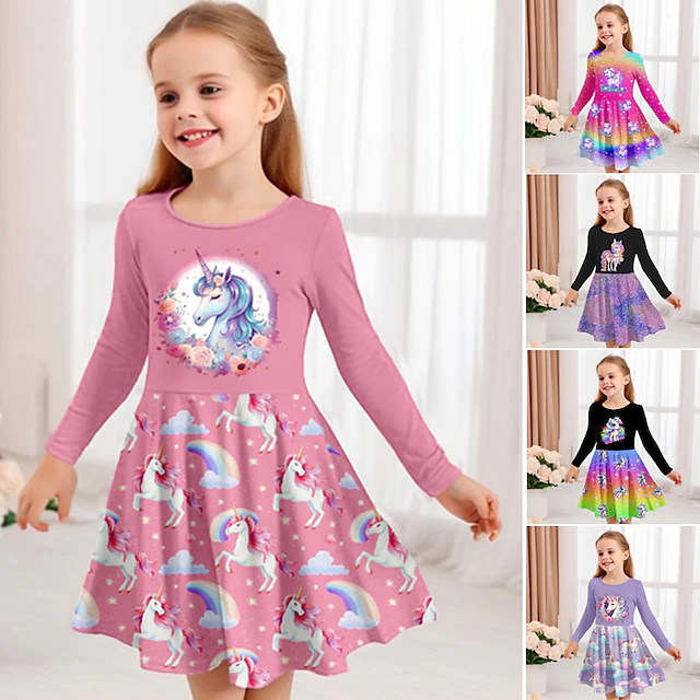 Girls' 3D Graphic Cartoon Unicorn Dress Long Sleeve 3D Print Summer Fall Vacation Sports & Outdoor Daily Cute Casual Beautiful Kids 3-12 Years Casual Dress A Line Dress Above Knee Regular Fit 12