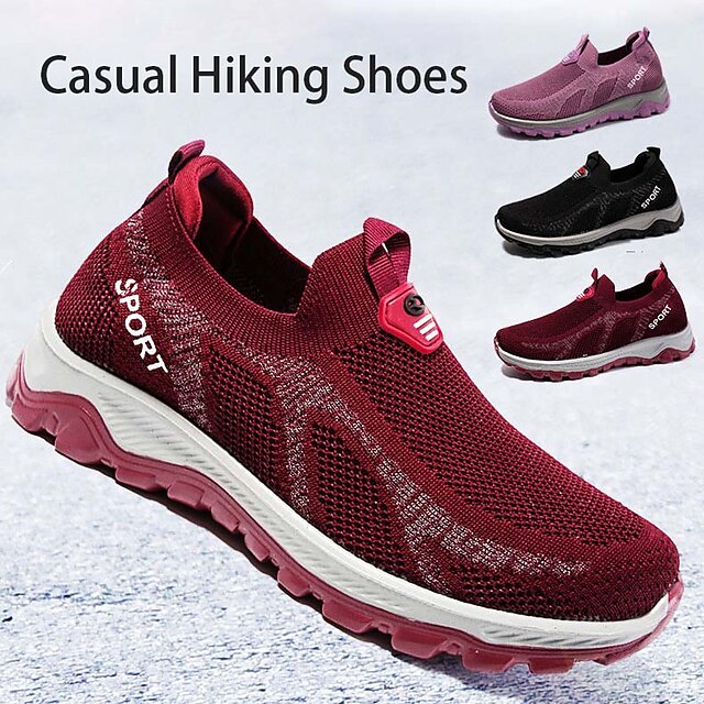  Women's Sneakers Slip-Ons Flyknit Shoes Platform Sneakers Slip-on Sneakers Outdoor Work Athletic Solid Color Summer Flat Heel Round Toe Casual Comfort Running Hiking Tissage Volant Black Red Purple