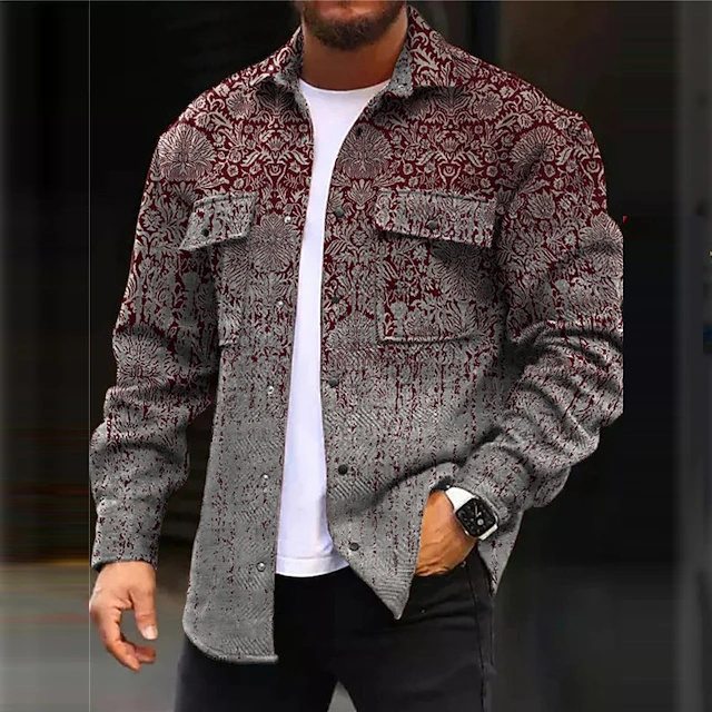 Men's Tribal Vintage Totem Shirt Shirt Jacket Overshirt Long Sleeve Fashion Streetwear Designer Outdoor Casual Daily Fall & Winter Turndown Print Red Green3