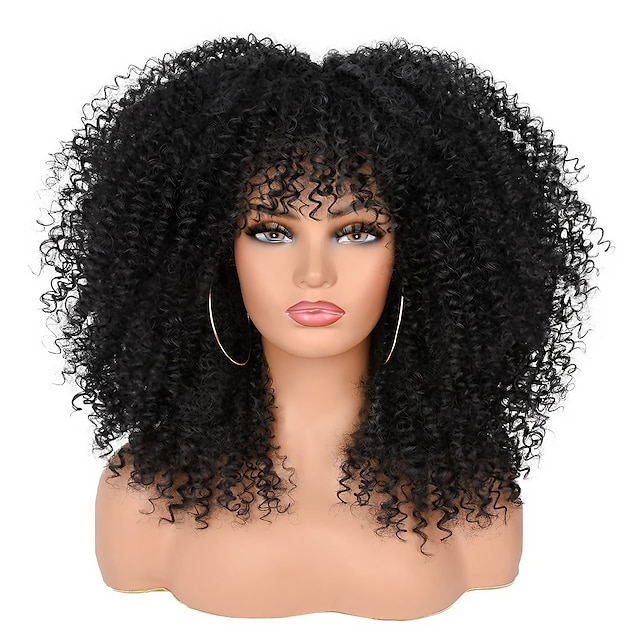  16-дюймовые вьющиеся парики для чернокожих женщин, черный афро-бомба, вьющийся парик с челкой, синтетическое волокно, бесклеевые длинные курчавые вьющиеся волосы