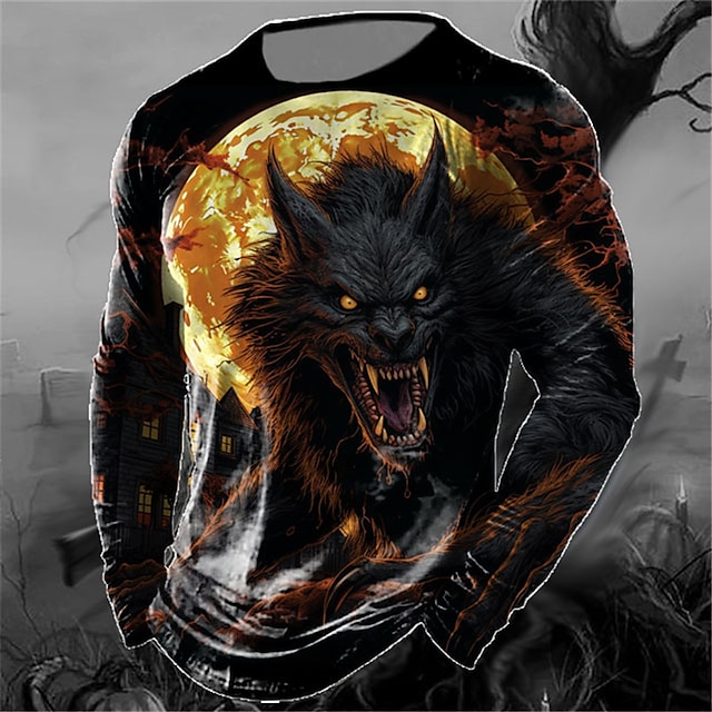  Voor heren T-shirt dier Wolf Strakke ronde hals Kleding 3D-afdrukken Buiten Halloween Lange mouw Afdrukken Vintage Modieus Ontwerper