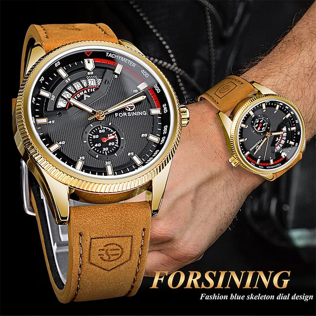  forsining pánské mechanické hodinky outdoor sportovní móda náramkové hodinky automatický samonatahovací svítící kalendář voděodolné kožené hodinky
