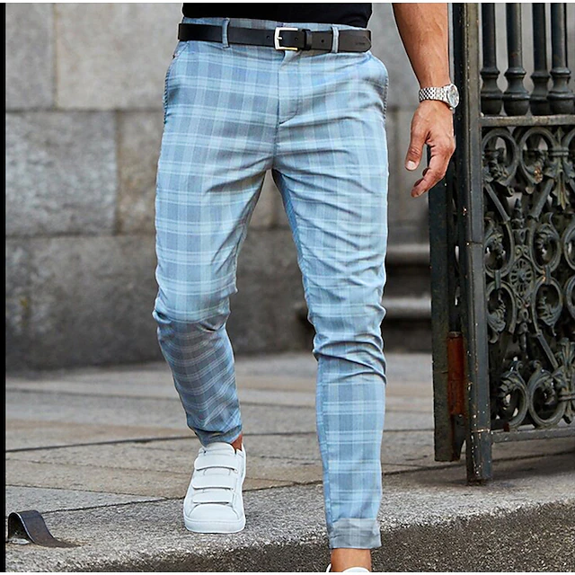 Men's Skinny Trousers Chinos Jogger Pants Plaid Dress Pants Pocket Lattice Breathable Soft Business Casual Daily Fashion Streetwear Yellow Red 8