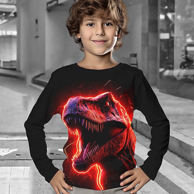  Drenge 3D Grafisk Dyr Dinosaurus T-shirt Langærmet 3D-udskrivning Efterår Vinter Sport Mode Gade Polyester Børn 3-12 år udendørs Afslappet Daglig Regulær