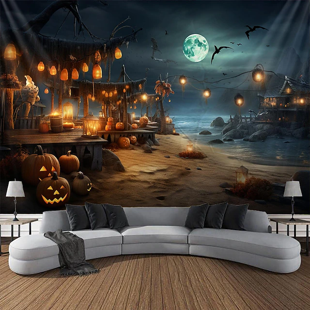 Halloween Decorations Tapestry Jack O Lantern Pumpkin Decor Wall Art Large Hanging Tapestry Mural Decor Photograph Backdrop Blanket Curtain Home Bedroom Living Room Bat Beach 16