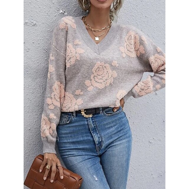  Women's Pullover Sweater Jumper Jumper Ribbed Knit Floral V Neck Floral Outdoor Daily Stylish Casual Fall Winter Grey S M L