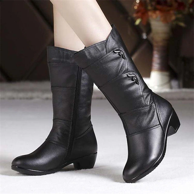 Women's Black Faux Leather Mid-Calf Boots with Side Zipper and Low Heels - Stylish and Comfortable for Everyday Wear 7