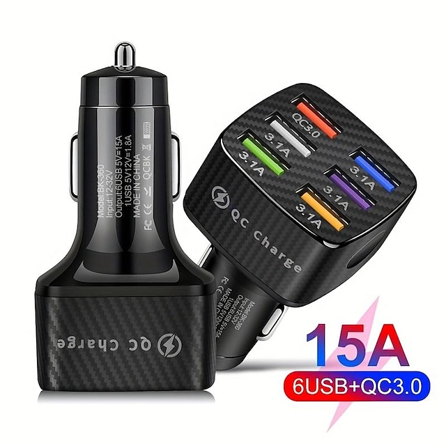  75W Fast Charging 6-Ports QC3.0 & 5 USB 15A Car Charger Adapter Fast Charging Portable Phone Adapter For Android Charger