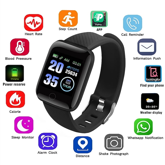  116Plus Slimme horloge 1.44 inch(es) Smart horloge Bluetooth Stappenteller Gespreksherinnering Slaaptracker Compatibel met: Android iOS Dames Heren Waterbestendig Berichtherinnering Camerabediening
