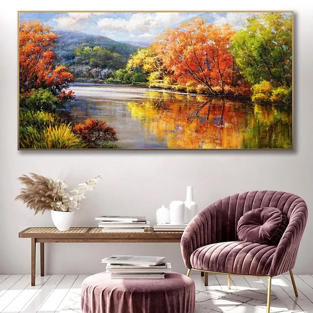  Peinture à l'huile faite à la main sur toile, décoration murale, rivières et lacs reflètent le paysage naturel pour la décoration de la maison, peinture roulée sans cadre, non étirée