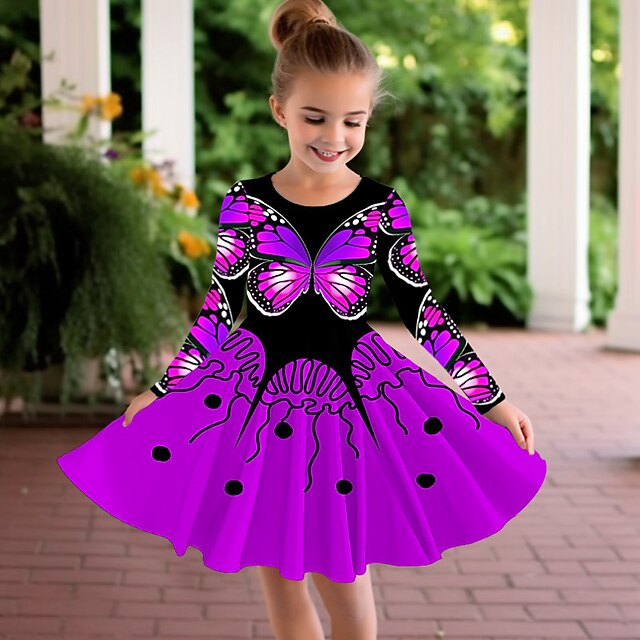  Pigers 3D Grafisk Sommerfugl Kjole Langærmet 3D-udskrivning Sommer Efterår Sport & Udendørs Daglig Ferie Sød Stil Afslappet Smuk Børn 3-12 år Hverdagskjole A Linje Kjole Over knæet Polyester Regulær