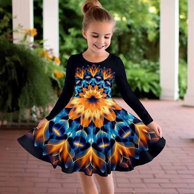  Girls' 3D Graphic Floral Dress Long Sleeve 3D Print Summer Fall Sports & Outdoor Daily Holiday Cute Casual Beautiful Kids 3-12 Years Casual Dress A Line Dress Above Knee Polyester Regular Fit