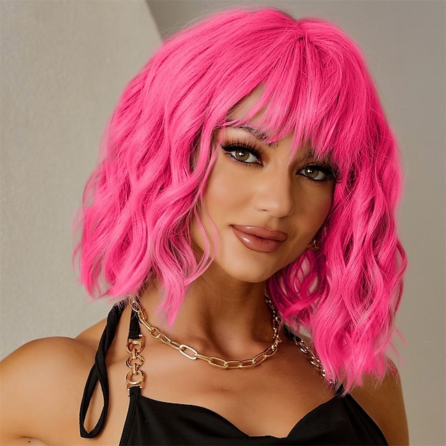  korta rosa peruker för kvinnor korta vågiga varmrosa peruker med lugg syntetisk rosa lockig bob peruk lockig axellängd cosplay peruk för kvinnor tjejer färgade peruker