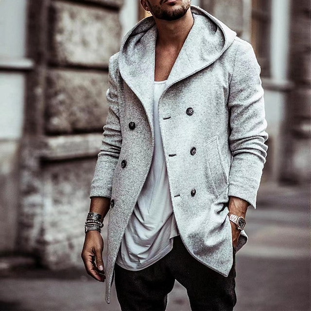  Men's Winter Coat Peacoat Trench Coat Outdoor Daily Wear Fall & Winter Polyester Windbreaker Outerwear Clothing Apparel Fashion Streetwear Plain Hooded Double Breasted