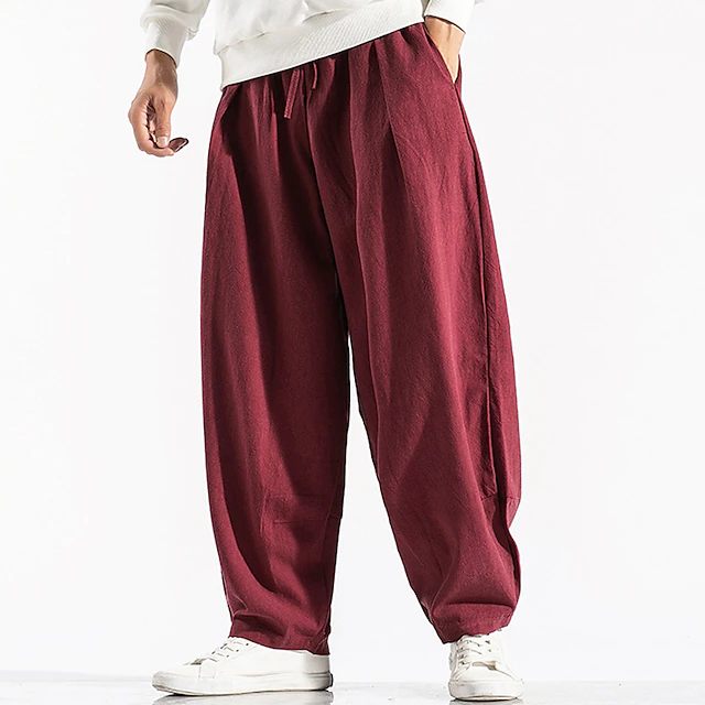 Men's Linen Pants Trousers Summer Pants Pocket Drawstring Elastic Waist Plain Comfort Breathable Outdoor Daily Going out Fashion Casual Black Red 6