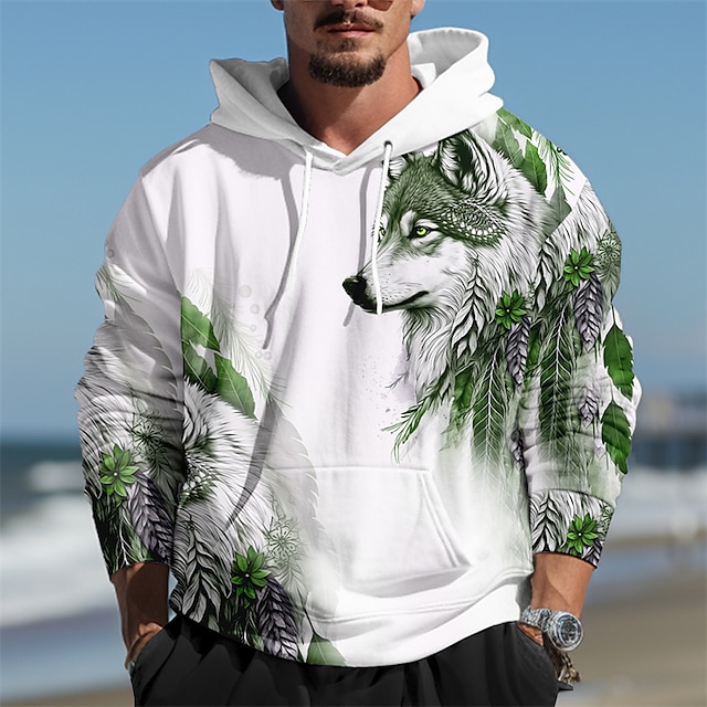  Per uomo Lupo Stampe astratte Felpa con cappuccio Felpe Felpa Maglione Manica lunga Felpa con cappuccio Con cappuccio Giornaliero Stampa 3D Per eventi Per uscire Abbigliamento di strada Blu Verde