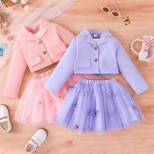  3 Stück kinderkleidung Mädchen Schmetterling Gitter Rock & Mantel einstellen Langarm Modisch Outdoor 3-7 Jahre Herbst Rosa Purpur
